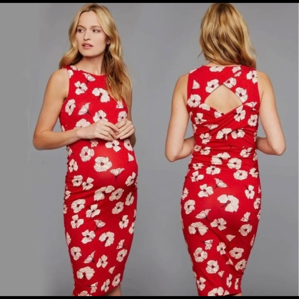 Bodycon keyhole maternity dress red with poppies